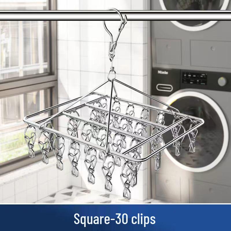 Stainless Steel Multifunctional Windproof Sock and Clothes Hanger with Clips for Home and Dorm Use.