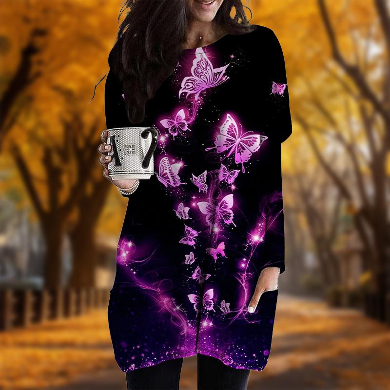 New In Autumn Flowing Butterfly Print Plus Size Dress Women O'neck Long Sleeves Casual Pocket Dresses