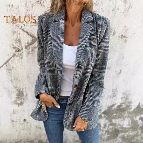 Dressjakke for kvinner Lapel Langermet Houndstooth Print Single-Breasted Cardigan Style Dressjakke med klafflommer Løs passform Business Yttertøy