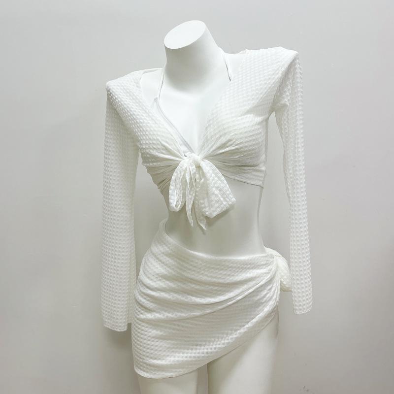 Costum de baie pentru femei din patru piese, transfrontalier: Bikini Sexy cu Mâneci Lungi cu Top Strâns pentru Vacanțe la Mare