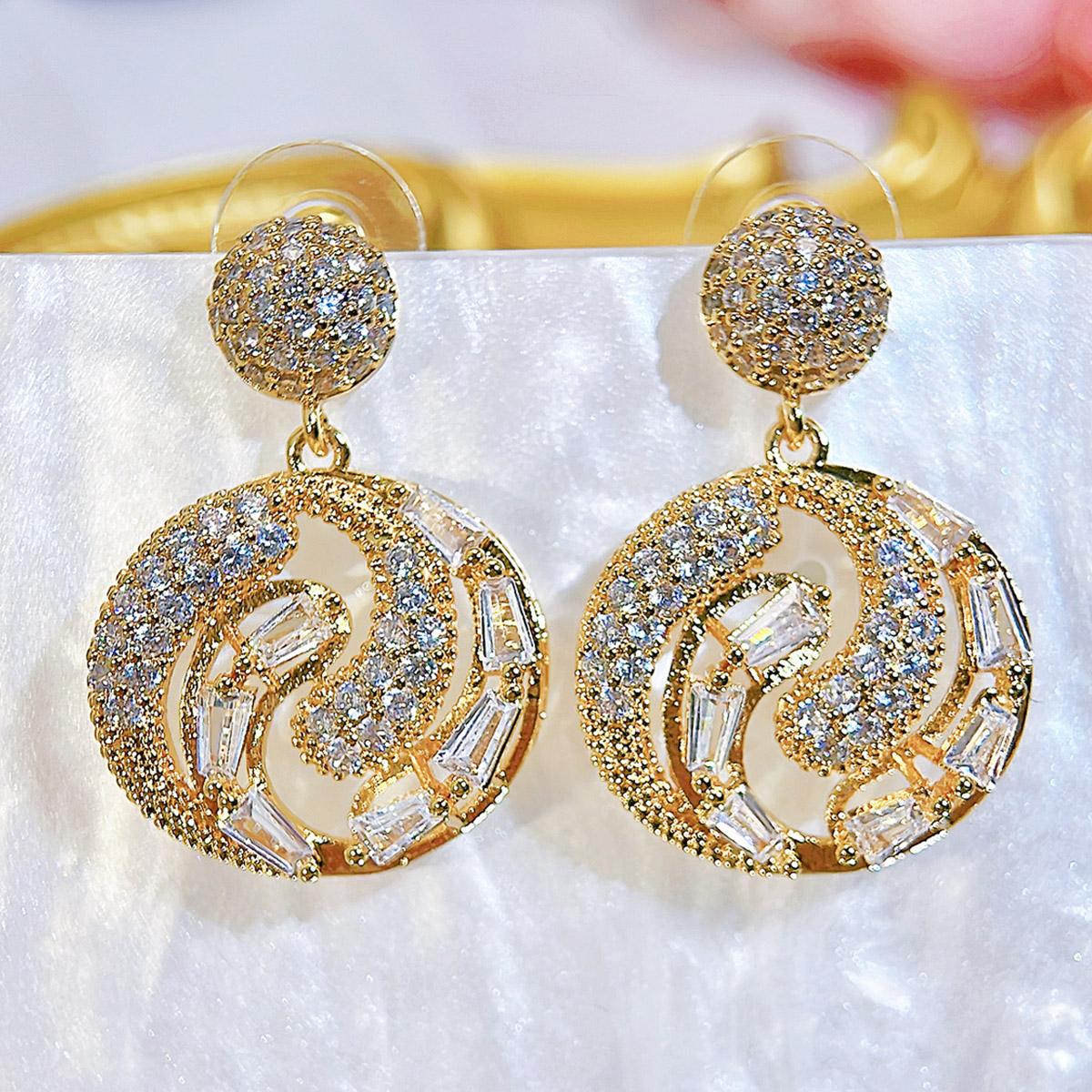 

WWJ корейские высококачественные серьги-подвески с легким ароматом, двойные круглые, женские, темпераментные, трендовые, с цирконием золотой