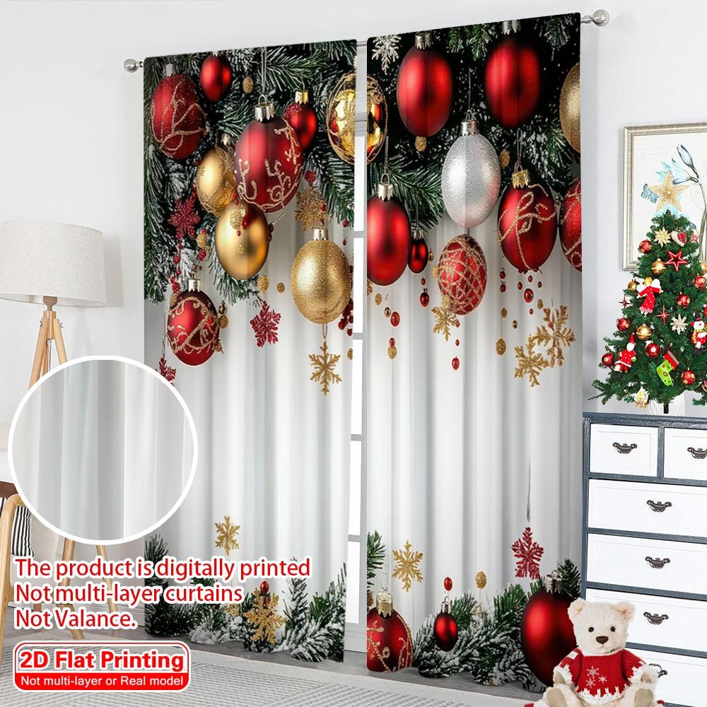 2D flat printing 2pcs Merry Christmas Popular Drapes Red and Gold Ball Pine Branch Snowflake Versatile Polyester Without