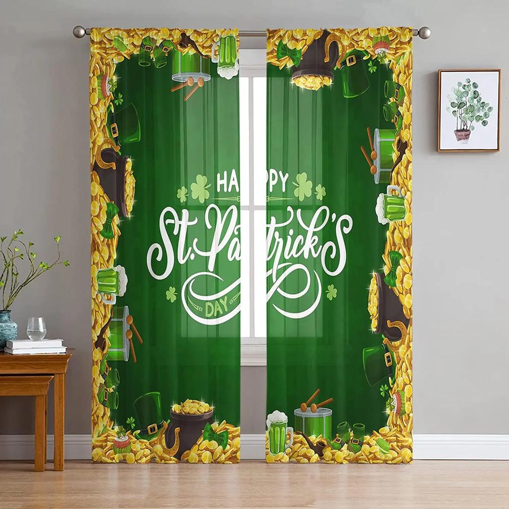 St Patrick Day Curtains Shamrocks Gold Beer Hat Voile Curtain Green Lucky Leaves Window Drapes Bedroom Living Room Sheer For Area Made Of Polyester