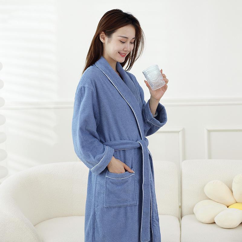 Xusheng Pure Cotton Pineapple Grid Long Bathrobe for Couples - Absorbent Yukata Sleepwear