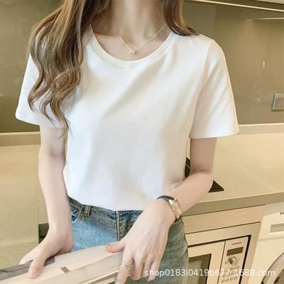 White Short-sleeved Shoulder T-shirt for Women's Pure Cotton Summer New Round Neck Slim Fit Slim T-shirt Top