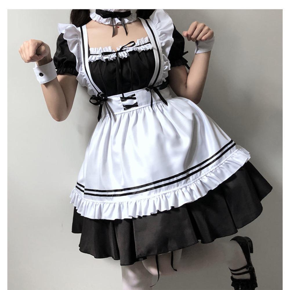 Schwarzes süßes Lolita Cosplay Kostüm Animation Show Outfit Dienstmädchen Kostüme Mädchen Frauen Schöne Dienstmädchen Kleid Kleidung