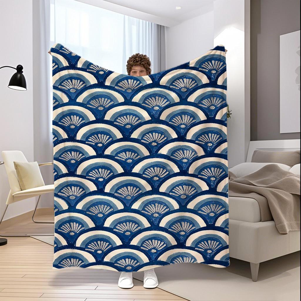 Blue Fan Pattern Microfiber Flannel Cover Blanket Bedroom Living Room Sofa Soft And Comfortable Home Decoration
