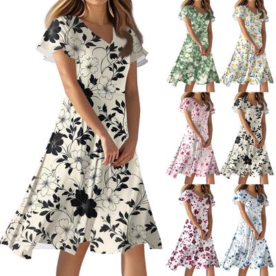 Women's Casual Fashion Flower Print Dress V Neck Short Sleeve Short Skirt