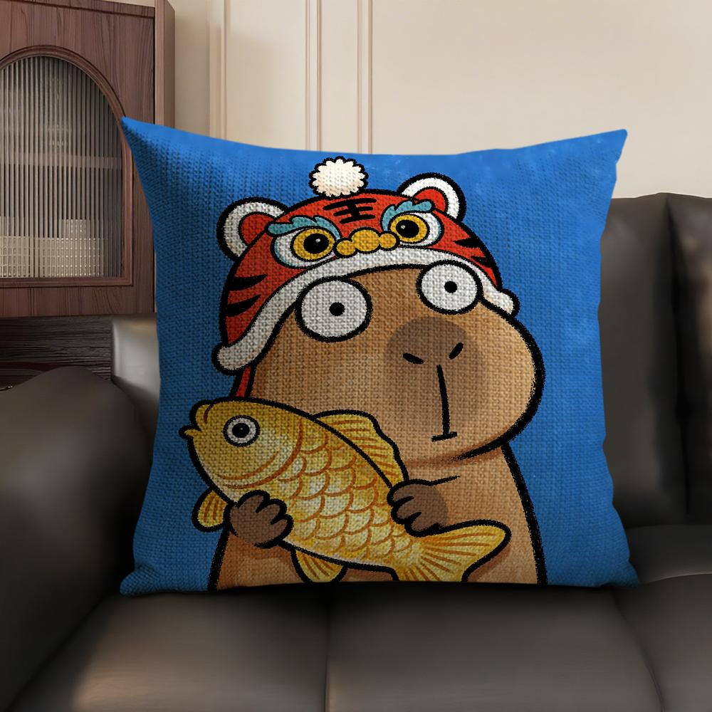 Cute Kicapara Cartoon Cushion Cover Natural Linen Organic Fabric Double-Sided Printing Sofa Home Decor Gift Pillow Case