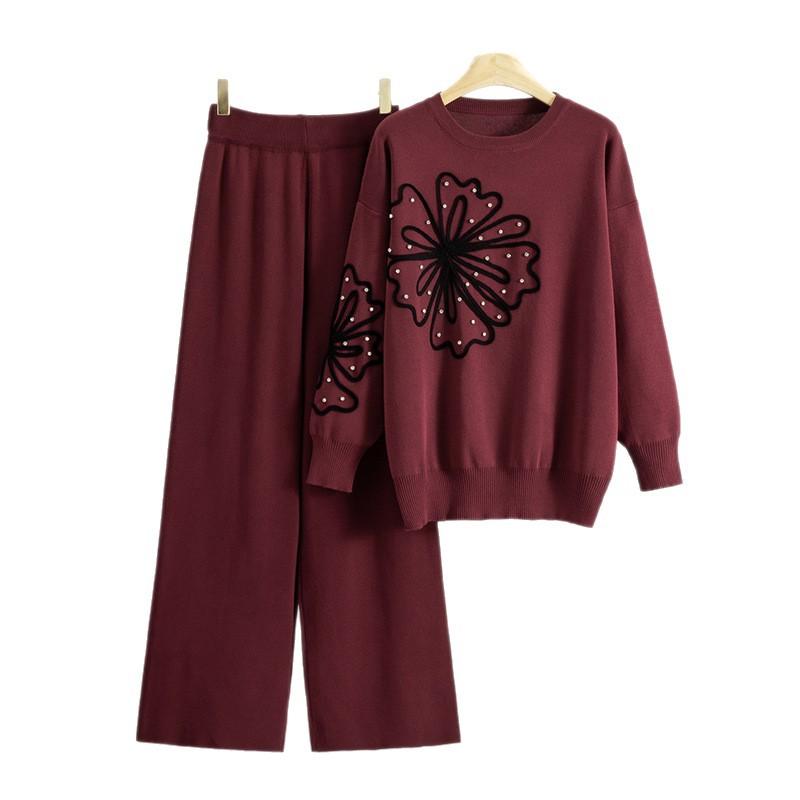 Autumn and Winter Color-blocking Three-dimensional Flower Round-neck Top, High-waisted Wide-leg Pants, Knitted Set for Women, Two-piece Set