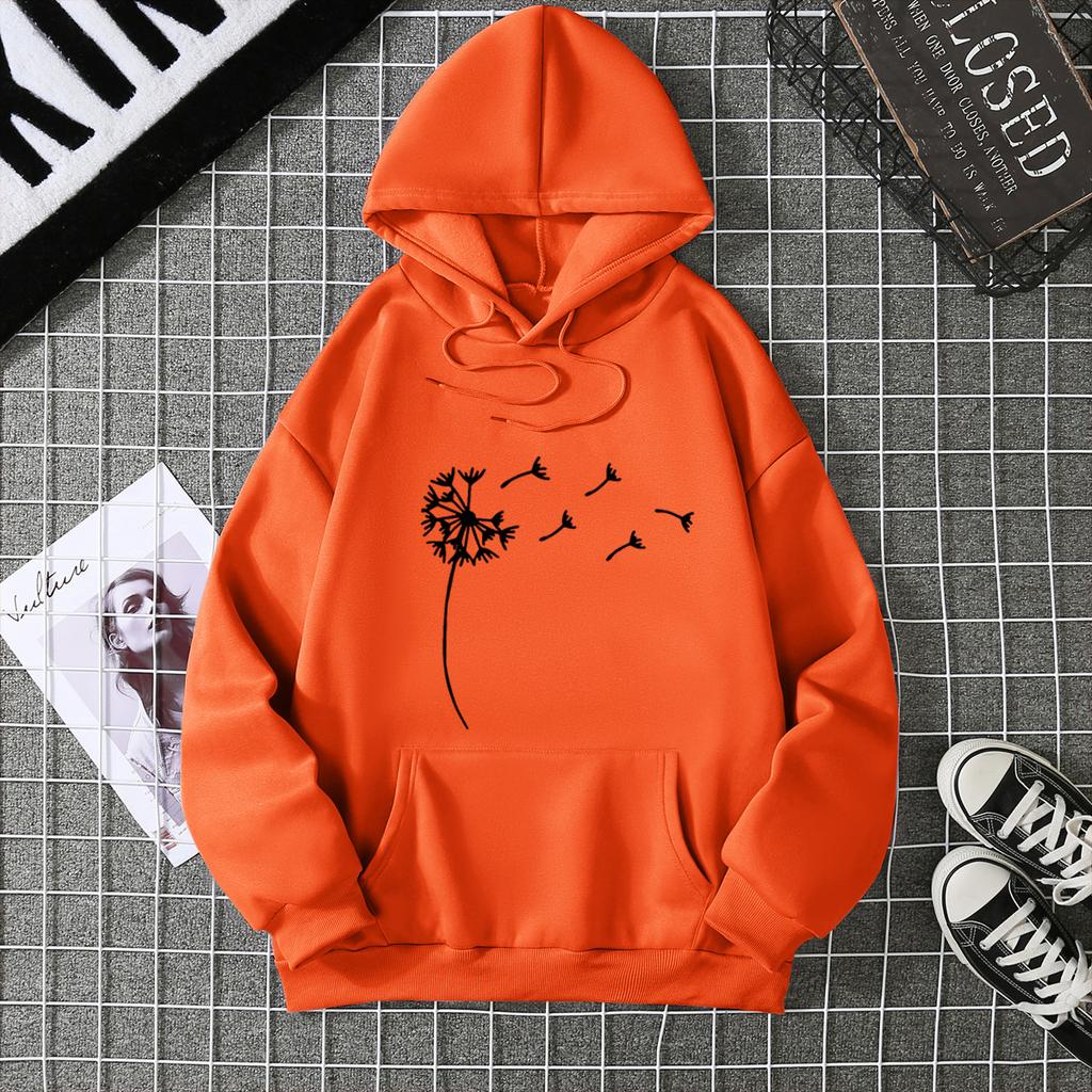 Women's fleece sweater plant print kangaroo pocket drawstring print hoodie