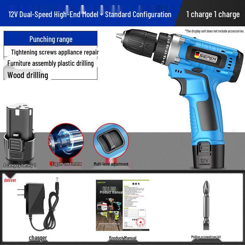 Rechargeable Multi-Function Electric Hand Drill with Impact and Screwdriver Features