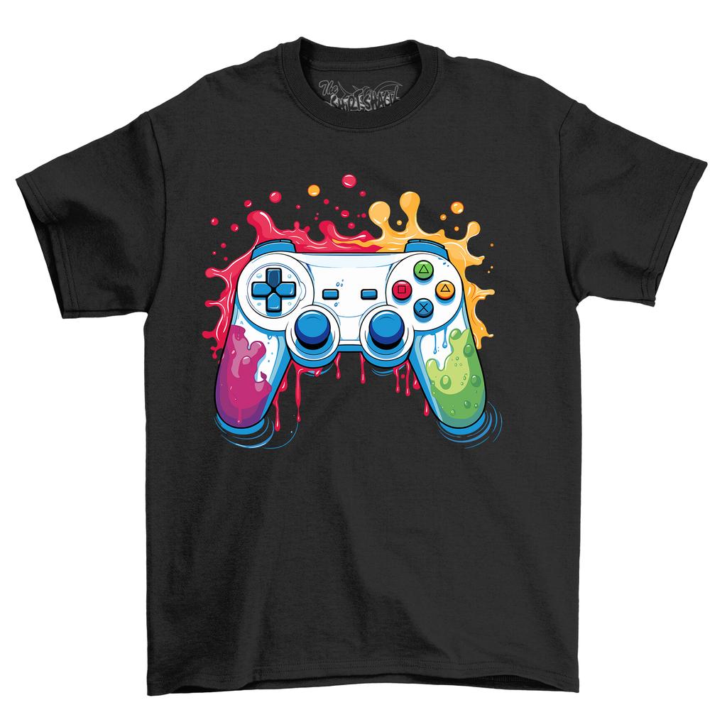 Game Controller Paint Drip Design T-Shirt Mens Womens Tees Top - Colorful and Playful! Funny T-Shirt Mens Womens Tees Top,
