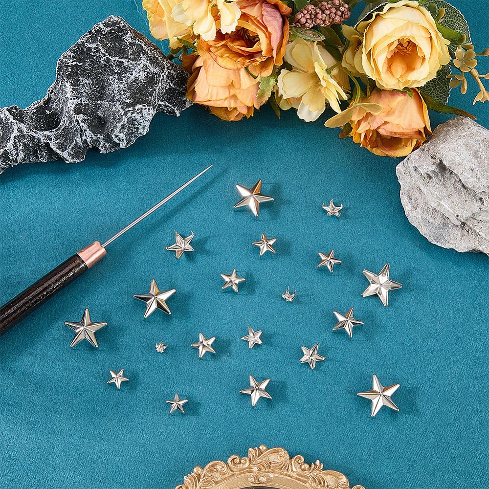 150Pcs 6 Styles Iron Rivets, for Purse, Bags, Leather Crafts Decoration, Star, with 1Pc Awl Pricker Sewing Tool, Platinum, 5x5x4.5mm