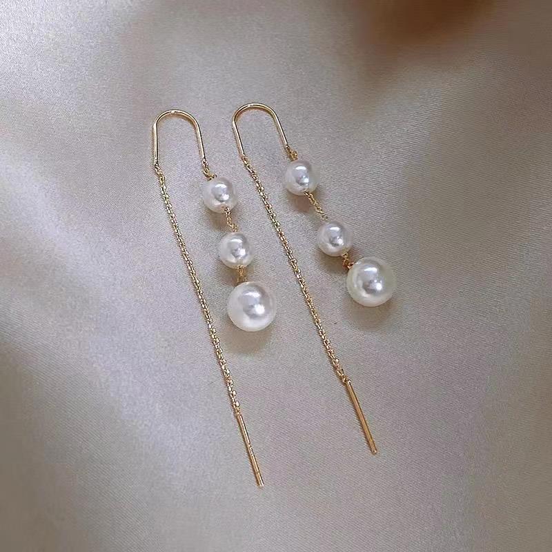 Korean Exquisite Imitation Pearl Tassel Drop Earring For Women Shiny Zircon Flower Leaf Long Ear Line Geometric Earring Jewelry