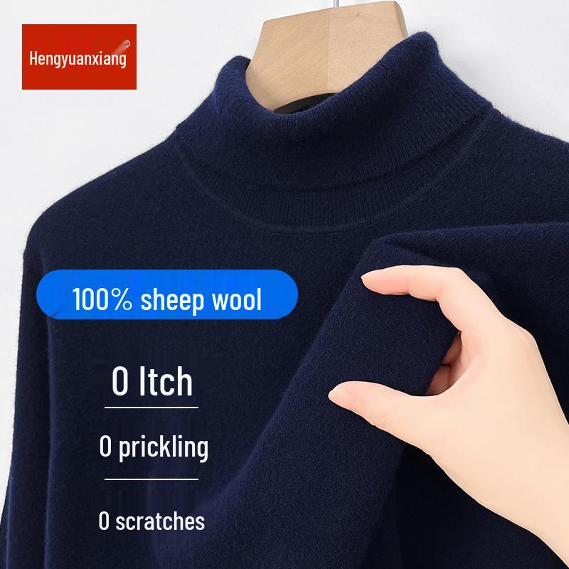 Hengyuanxiang Men's 100% Pure Wool Pullover, Round Neck, Thickened Winter Sweater for Middle-Aged Dads.