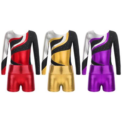Girls Contrast Color Leotard Long Sleeve Round Neck Shiny Rhinestones Paired with High Waist Shorts Dance Wear