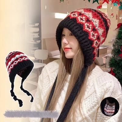 Ethnic Style Knitted Hat for Women Autumn and Winter Vintage Cycling Warm and Windproof Bag Hat Warm and Ear Protecting Woolen Hat