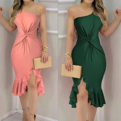Damen Sexy Sommerkleid mit einer Schulter und kurzen Ärmeln, einfarbig, Rüschenkleid