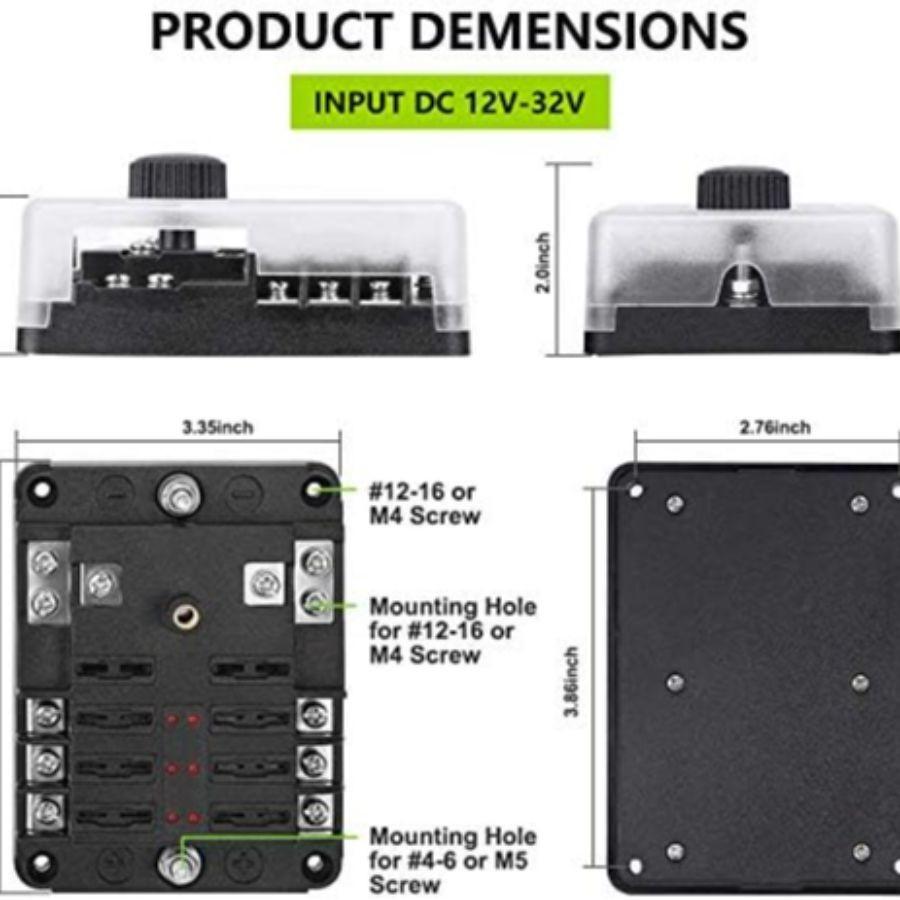 6 Way Fuse Block - 6 Circuit Fuse Box with Ground, with Negative Bus & Protectio
