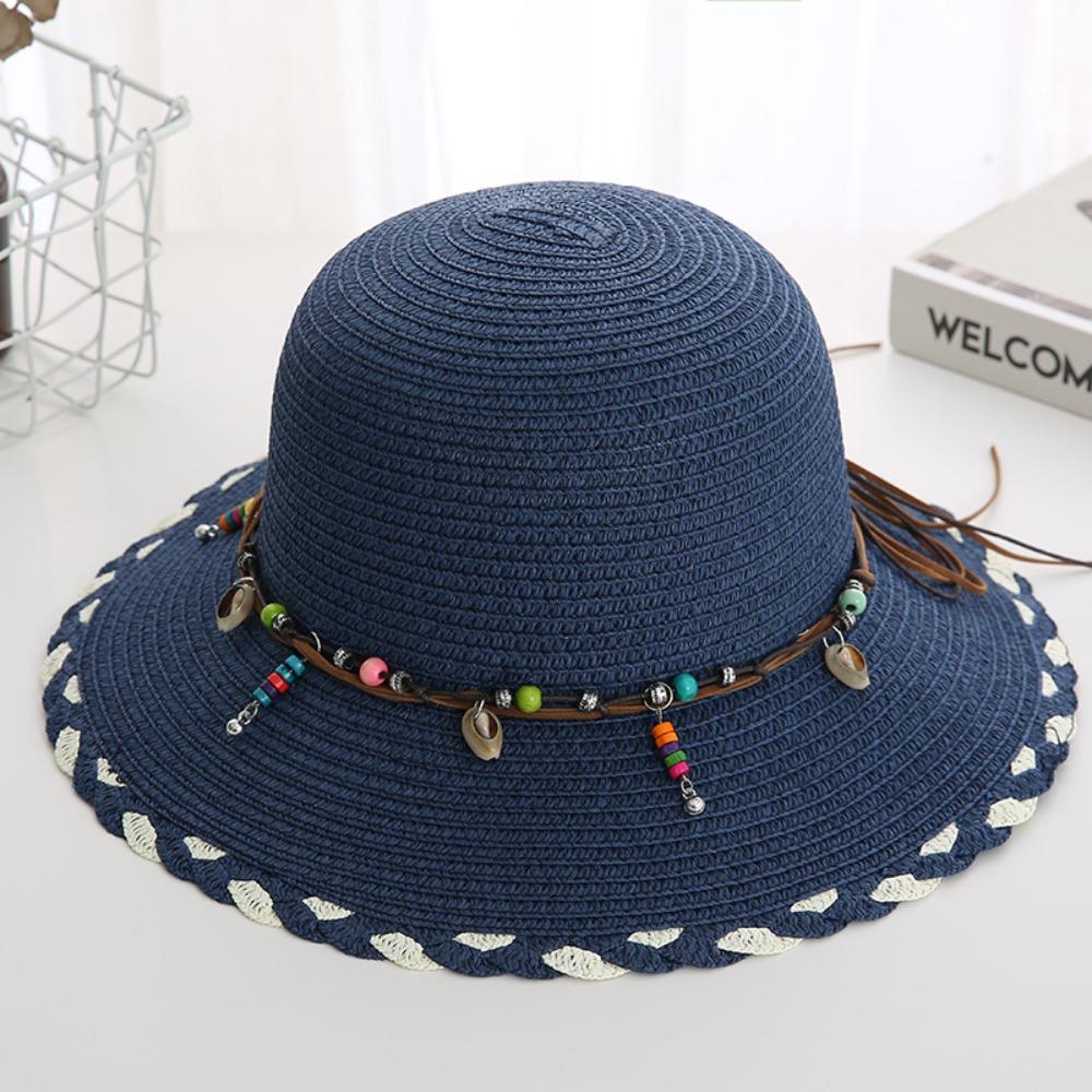Wide Brim Folding Straw Hats Spring Summer Women's Sun Hat Bohemian Beaded Strap Straw Hat  Outdoor