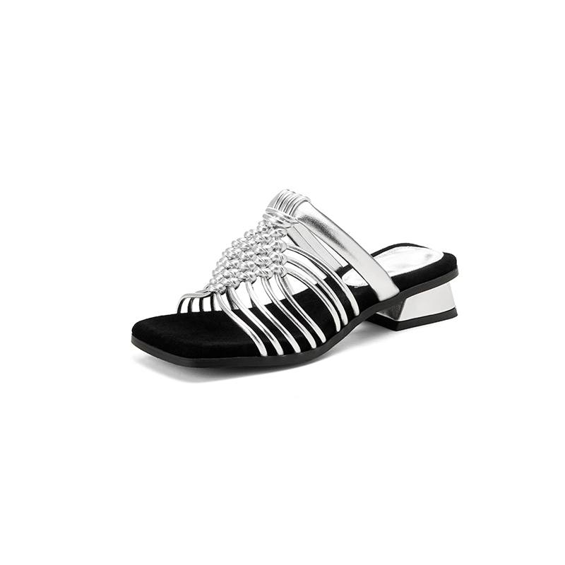 Krazing Pot Straw Weaving Summer Size 40 High Quality Slip on French Chic Thick Heels Women Peep Toe Sandals