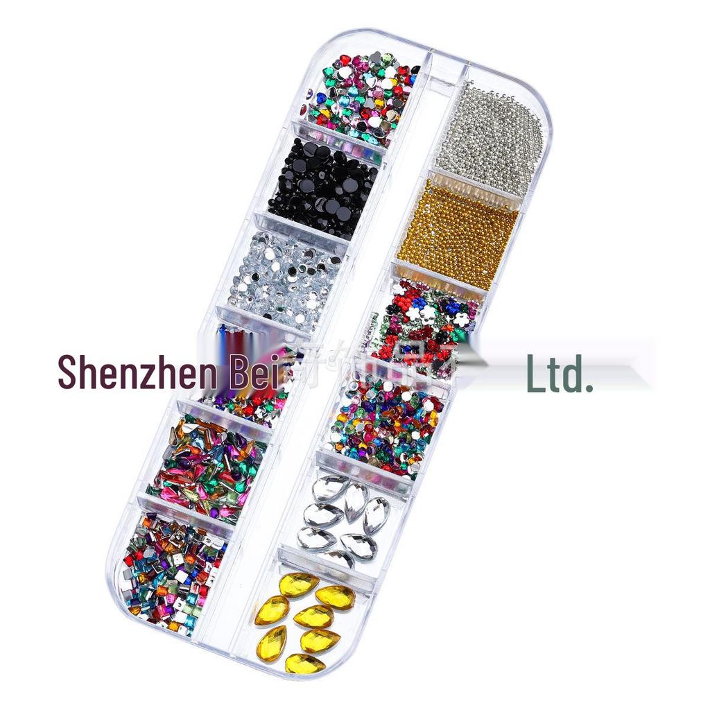 Flat-Bottom Irregular Rhinestones & Steel Beads Nail Art Set - 12-Grid Boxed Accessories