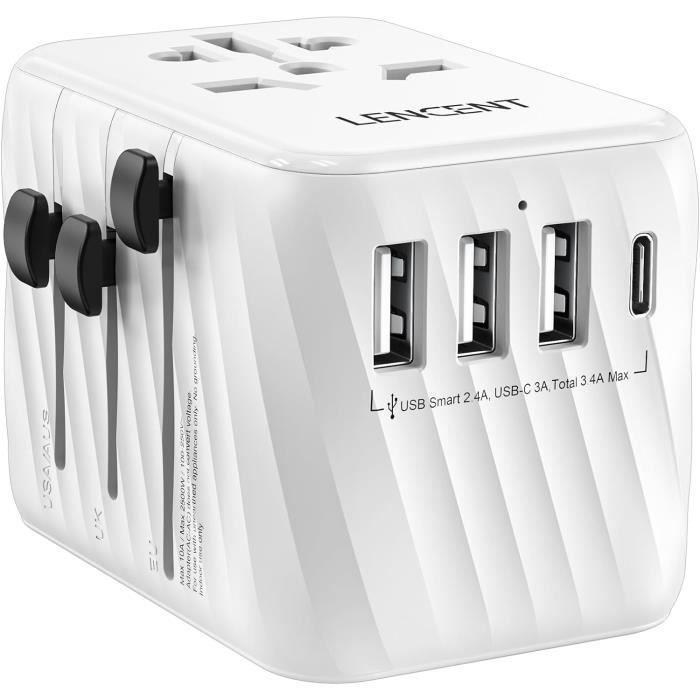 Adaptateur de Voyage,Prise Universelle Internationale avec 3 USB-A et 1 USB-C PD,Adaptateur Mondial Voyage France vers USA,Blanc