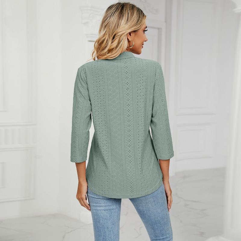 Neue Herbstkleidung für Damen, Jacquard-Oberteile mit V-Ausschnitt, T-Shirts mit mittleren Ärmeln