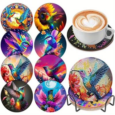Juego de 8 posavasos con dibujos de pájaros de colores pintados con diamantes y soportes para principiantes y adultos, suministros de arte y manualidades, regalos