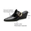 Fashion NEW Summer Women Mules Genuine Leather Shoes for Women Cover Toe Wedges Slippers Belt Buckle Pointed Toe Black Women Sandals