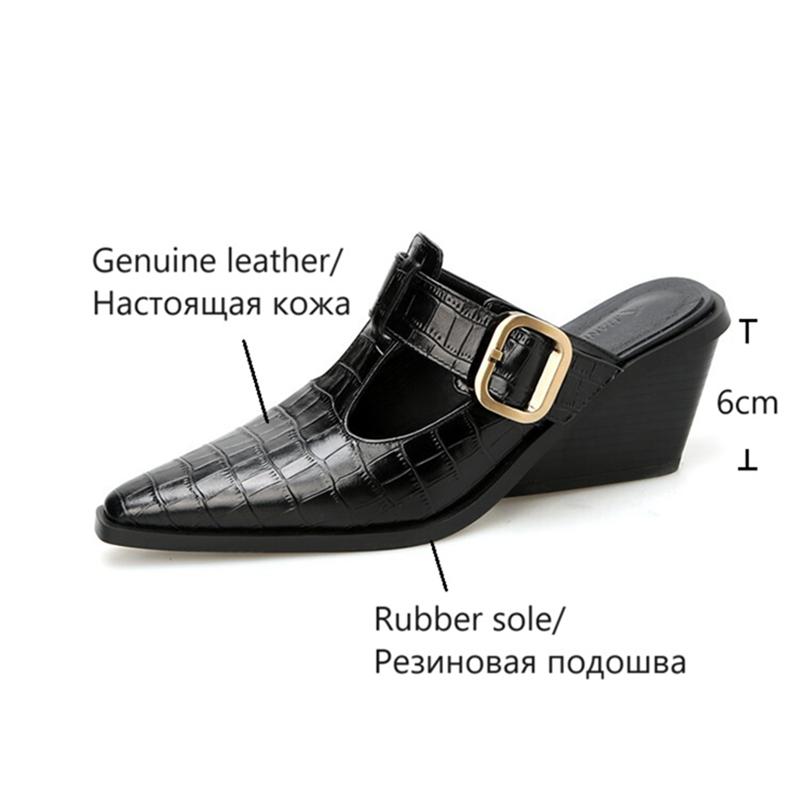 Fashion NEW Summer Women Mules Genuine Leather Shoes for Women Cover Toe Wedges Slippers Belt Buckle Pointed Toe Black Women Sandals