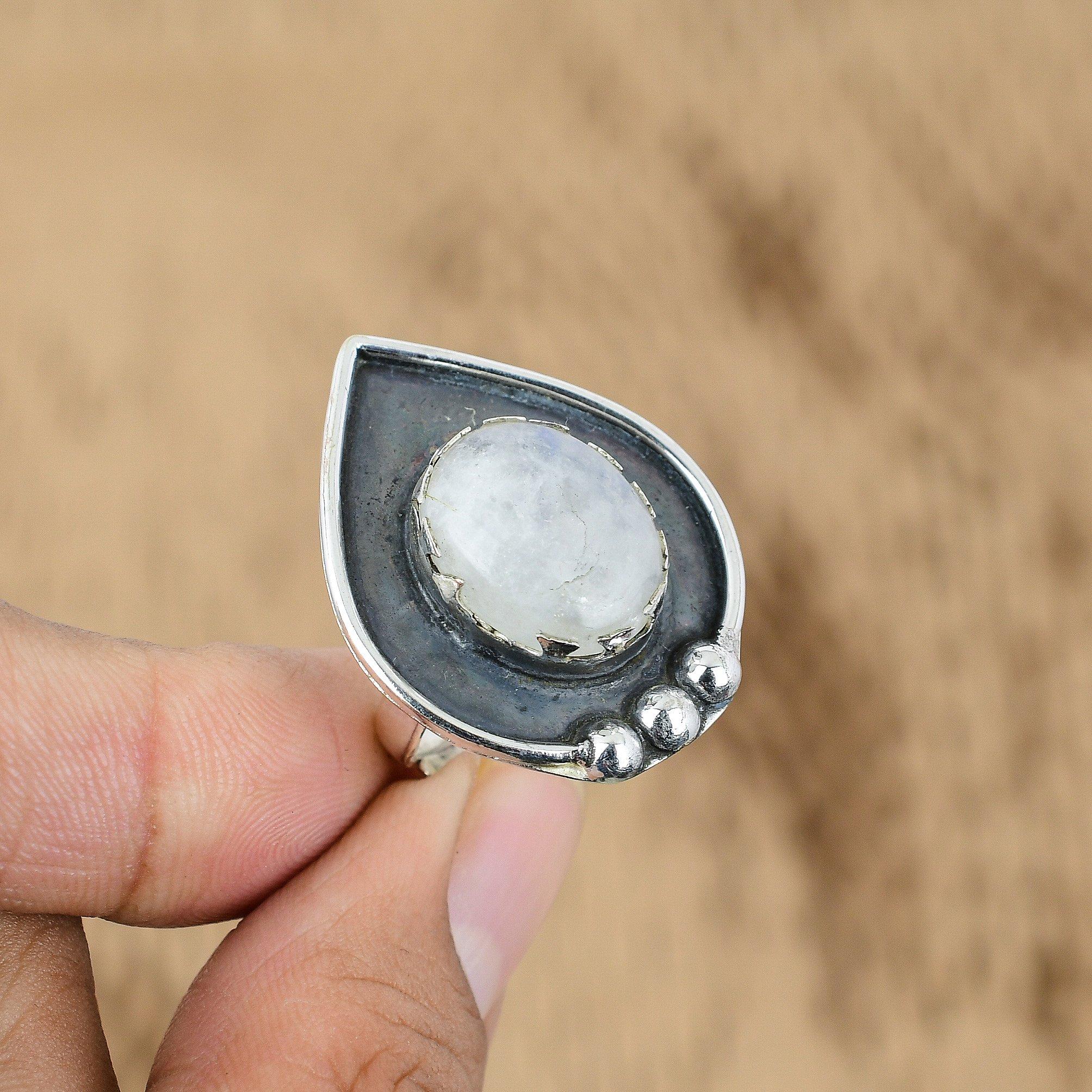 

Natural Rainbow Moonstone Gemstone Promise Adjustable Ring 925 Silver For Women Yes