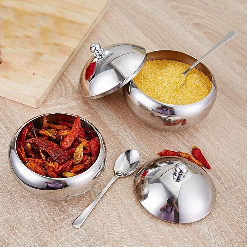 Stainless Steel Seasoning Jar Sugar Cereal Spice Bowl Drum-Shaped with Spoon Lid Kitchen Storage Pot Seasoning Bottle