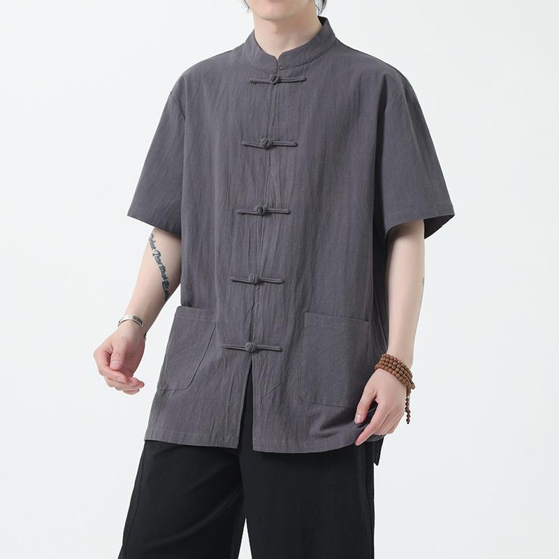 Herren Chinesischer Stil Vintage Locker Große Größe Kurzarm Lässig Baumwolle Leinen Hemd