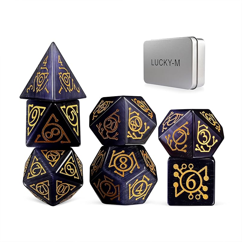 LUCKY-M Фиолетовые Костяные Кубики Набор DND, Многогранные Кубики Кошачий Глаз D&D для Dungeons and Dragons, Каменные Кубики с Футляром для RPG MTG Настольных Игр Мужчины и Pc-purple