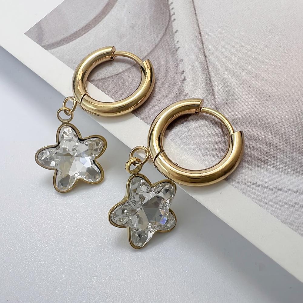 Colorful Glass Diamond Star Earrings: 18K Gold-Plated Stainless Steel, European & American Style