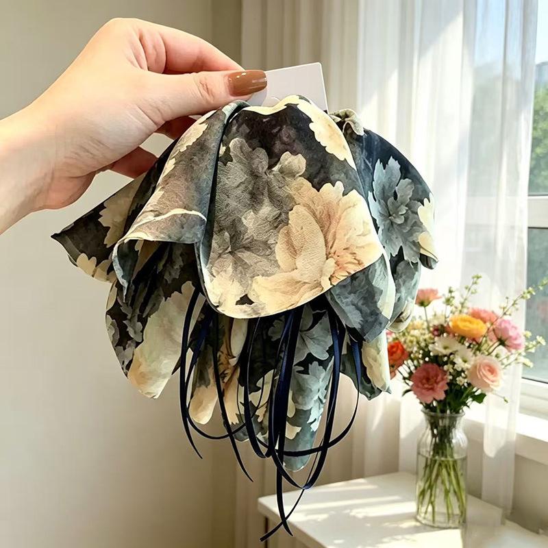 Handmade Chiffon Floral Bow Ponytail Clip for Voluminous Hair