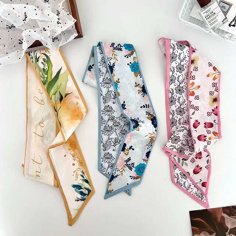 Korean Fashion Colorful Flowers Women Twill Ribbon Small Scarf Binding Bag Handle Ribbon Hair Band Small Scarf Headband