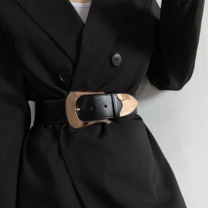 Black Wide Elegant Pu Belt For Women Versatile For Dresses And Styles Casual