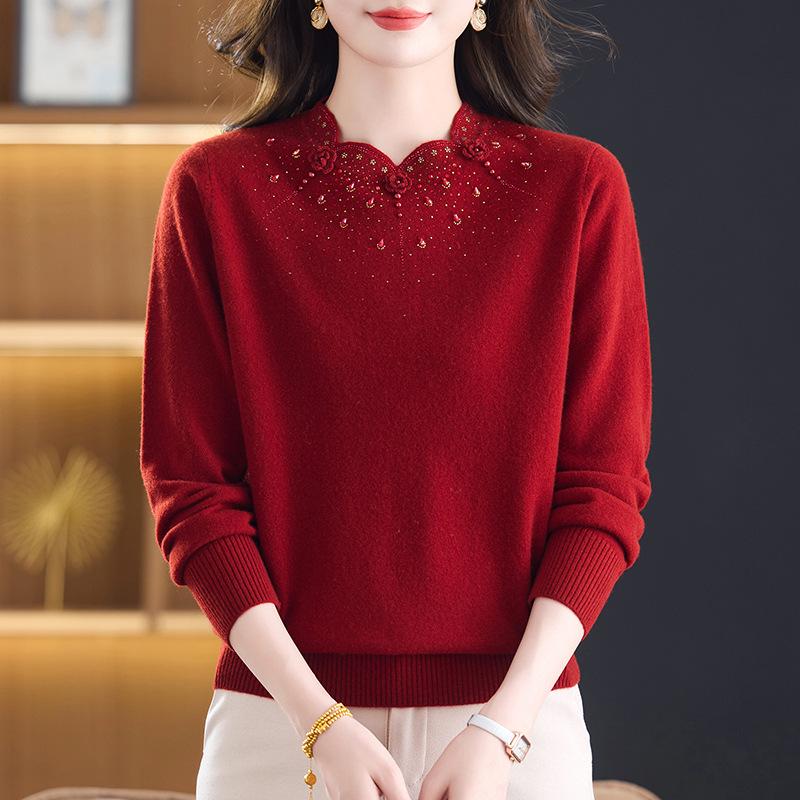 Mid-aged Women's Pure Wool Rhinestone Sweater - Warm Knit Base Layer for Autumn & Winter