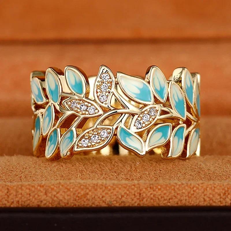 

New Green Leaf Enamel Ring Women Fashion Finger Accessories for Party Gold Color Paved Crystal CZ Stone Chic Female Zircon 6