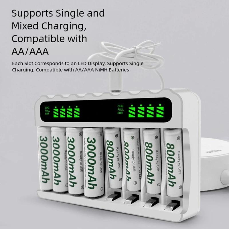 NiMH Battery Charging with 8 Slots for 2A and 3A Batteries Featuring LED Indicators and Safe Charging Technology
