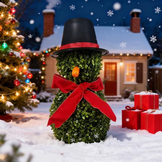 Vánoční Sněhulák Topiary Umělý Sněhulák ve tvaru Topiary Strom s Mašlí a Kloboukem Venkovní Zimostráz Topiary s Kolíkem pro Domácí Výzdobu Verandy
