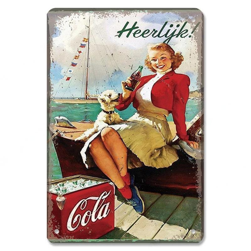 Cola Soft Drinks Poster Metal Tin Signs Vintage Girls Drink Cola Bottles Metal Plate Wall for Bar Pub Club Restaurant Decor