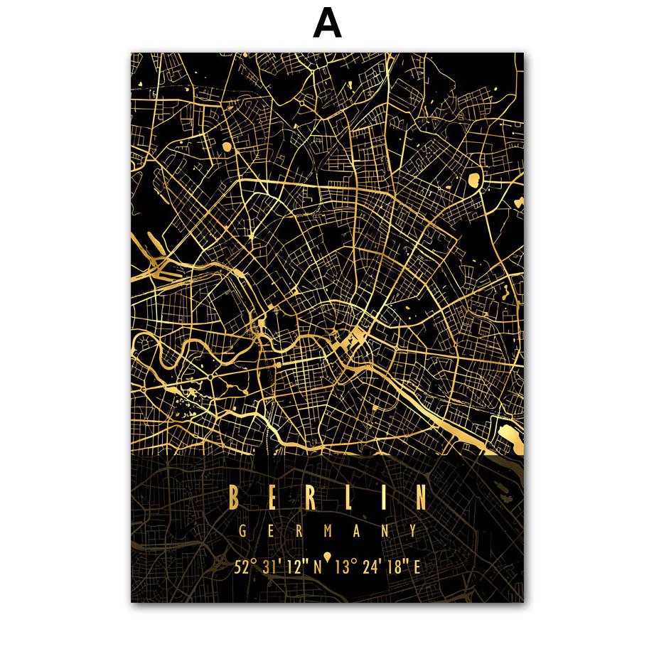 Schwarz Goldene Deutschland Berlin Stadtplan Poster Und Drucke Wand Kunst Leinwand Malerei Dekoration Wandbilder Wohnzimmer Wohnkultur