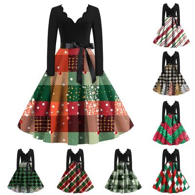 Women's Christmas Plaid Snowflake Print Contrast V-neck Slim Long Sleeve Swing Dress