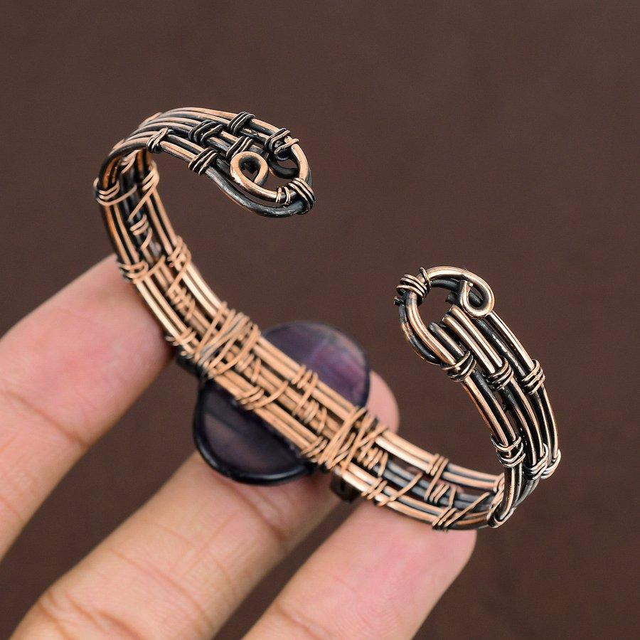 Fluorite Handmade Copper Wire Wrap Cuff Bangle Adjustable I9C24