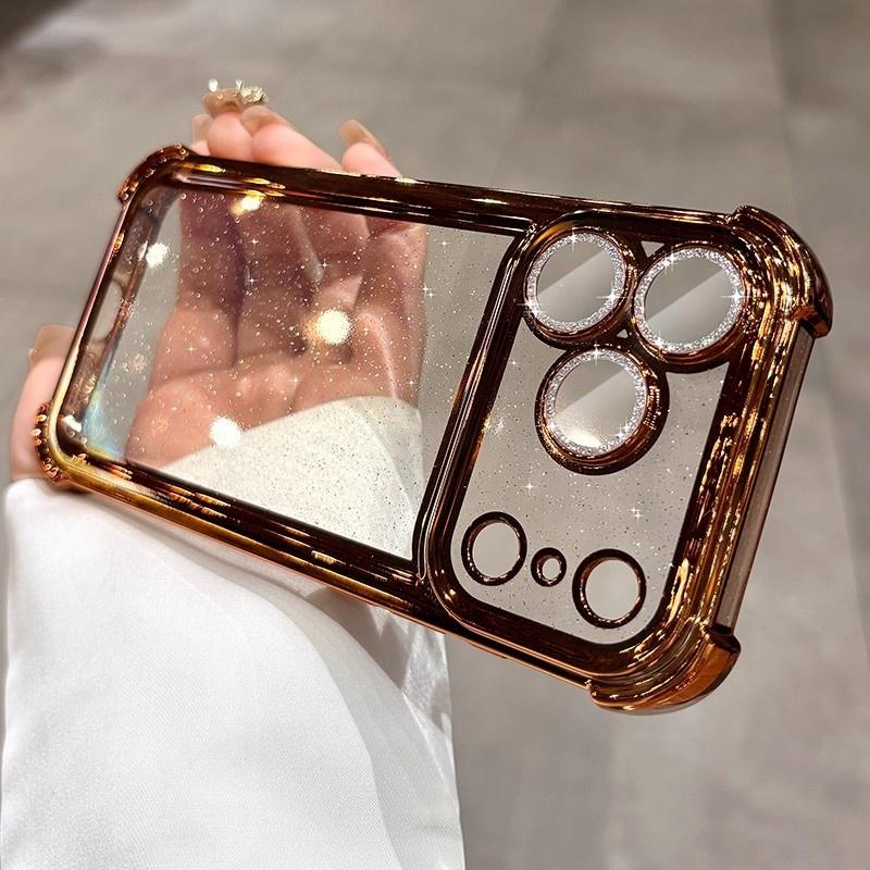 Plating Glitter Transparent Air Cushion Case For iPhone 11 12 13 14 15 16 17 Pro Max 17Air Lens Protection Soft Bumper Cover
