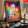 DIY rahmenloses Perlenkunst-Set Bunte Katze auf Kürbis-Design 3D-Perlenmalerei-Leinwand Entspannendes handgemachtes Handwerk für einzigartige Wohndekoration